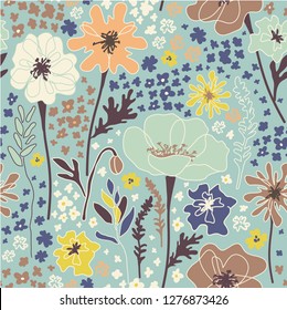Floral botanical seamless pattern with hand drawn flowers, poppies, leaves in pastel colors on green background. Vector surface ditsy pattern design for cards, fabric print, gift wrap, wallpaper.