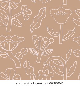 Floral Botanical Seamless Pattern Set with Line Art Flowers and Leaves