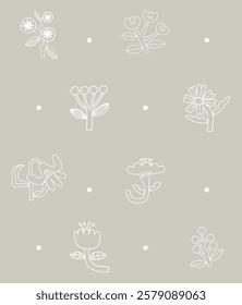 Floral Botanical Seamless Pattern Set with Line Art Flowers and Leaves