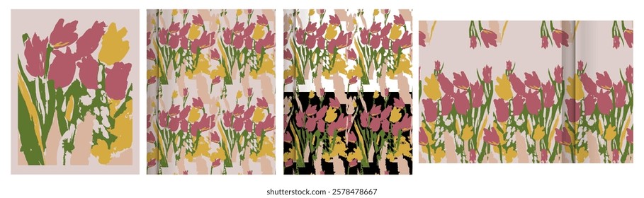 Floral Botanical Seamless Pattern Three Colors Spot Colors Vector hand-drawn abstract retro flower. Watercolor ink brush texture