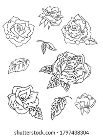 Floral botanical set with drawn line art rose flowers and leaves. Vector monochrome floral template illustration for wedding invitation,vegan cafe, flower shop logo, print, design, tattoo.