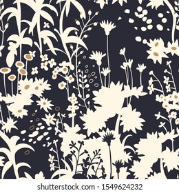 Floral botanical silhouettes. Flat seamless pattern made of meadow flowers, plants, herbs. Provence background. Fabric and textile design. For wallpaper, wrapping, surface. 