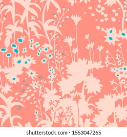 Floral botanical silhouettes. Flat seamless pattern made of meadow flowers, plants, herbs. Provence background. Fabric and textile design. For wallpaper, wrapping, surface. 