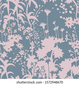 Floral botanical silhouettes. Flat seamless pattern made of meadow flowers, plants, herbs. Provence background. Fabric and textile design. For wallpaper, wrapping, surface. 