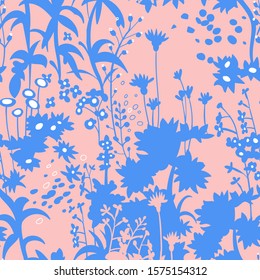Floral botanical silhouettes. Flat seamless pattern made of meadow flowers, plants, herbs. Provence background. Fabric and textile design. For wallpaper, wrapping, surface. 