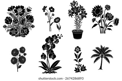Colección de Vector de plantilla floral y botánica - patrón negro sobre fondo blanco