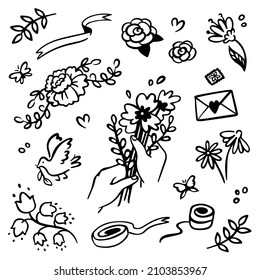 Floral botanical valentine graphic elements vector set. Flowers, plants, hearts, bouquets, pigeon, hand drawn illustrations. Cute isolated on white summer garden black  doodles.