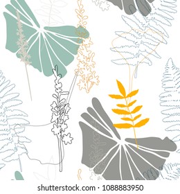 Floral botanical vector seamless pattern with hand drawn agrimony herb flowers  and tropical  leaves in pastel colors.