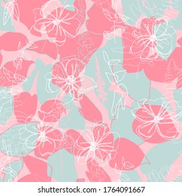 Floral botanical vector seamless pattern with hand drawn poppies or wild rose flowers , tropical  leaves and ferns in pastel colors.  Abstract botanical motif with stylized hostas or hydrangea leaves.