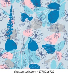 Floral botanical vector seamless pattern with hand drawn poppies or wild rose flowers , tropical  leaves and ferns in pastel colors.  Abstract botanical motif with stylized hostas or hydrangea leaves.