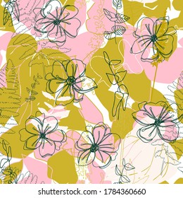 Vector botánico floral sin fisuras con amapolas dibujadas a mano o flores de rosa silvestre , hojas tropicales y helechos en colores pastel.  Resumen de motivos botánicos con hostas estilizadas o hojas de hidrangea.