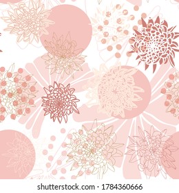 Floral botanical vector seamless pattern with hand drawn tropical  leaves, chrysanthem flowers and geometric shapes.  Wallpaper, wrapping paper, textile background in pastel colors.
