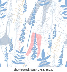 Floral botanical vector seamless pattern with hand drawn agrimony  flowers and tropical  leaves  in pastel colors.  Abstract botanical motif with stylized hostas or hydrangea leaves.
