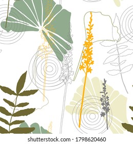 Floral botanical vector seamless pattern with hand drawn agrimony  flowers and tropical  leaves  in pastel colors.  Abstract botanical motif with stylized hostas or hydrangea leaves.
