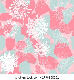 Floral botanical vector seamless pattern with hand drawn chrysanthemums flowers  and tropical  leaves  in pastel colors.  Abstract botanical motif with stylized hostas or hydrangea leaves.