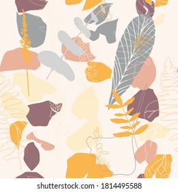 Floral botanical vector seamless pattern with hand drawn agrimony herb flowers , tropical  leaves and ferns in pastel colors.  Abstract botanical motif with stylized hostas or hydrangea leaves.
