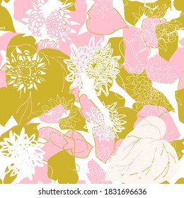Floral botanical vector seamless pattern with hand drawn chrysanthemums flowers  and tropical  leaves  in pastel colors.  Abstract botanical motif with stylized hostas or hydrangea leaves.