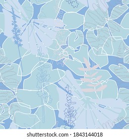 Floral botanical vector seamless pattern with hand drawn agrimony herb flowers , tropical  leaves and ferns in pastel colors.  Abstract botanical motif with stylized hostas or hydrangea leaves.
