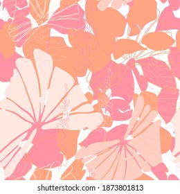 Floral botanical vector seamless pattern with hand drawn agrimony herb flowers , tropical  leaves and ferns in pastel colors.  Abstract botanical motif with stylized hostas or hydrangea leaves.

