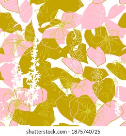 Vector botánico floral sin fisuras con amapolas dibujadas a mano o flores de rosa silvestre , hojas tropicales y helechos en colores pastel.  Resumen de motivos botánicos con hostas estilizadas o hojas de hidrangea.