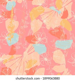 Floral botanical vector seamless pattern with hand drawn poppies or wild rose flowers , tropical  leaves and ferns in pastel colors.  Abstract botanical motif with stylized hostas or hydrangea leaves.