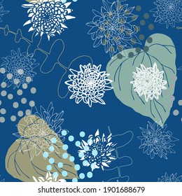 Floral botanical vector seamless pattern with hand drawn tropical  leaves, chrysanthem flowers and geometric shapes.  Wallpaper, wrapping paper, textile background in pastel colors.
