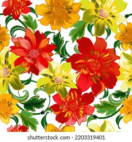 Floral botanical vector texture pattern with flowers and leaves. Seamless pattern can be used for wallpaper, pattern fills, web page background, surface textures.