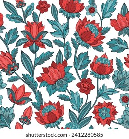 Floral botanical vector texture pattern with decorative flowers and leaves. Seamless pattern