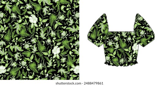 Floral botanical vector texture pattern with flowers and leaves.seamless leaves pattern on background.Seamless pattern can be used for wallpaper
