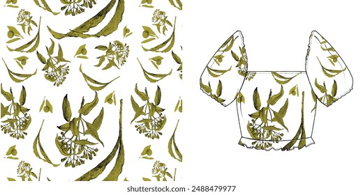 Floral botanical vector texture pattern with flowers and leaves.seamless leaves pattern on background.Seamless pattern can be used for wallpaper
