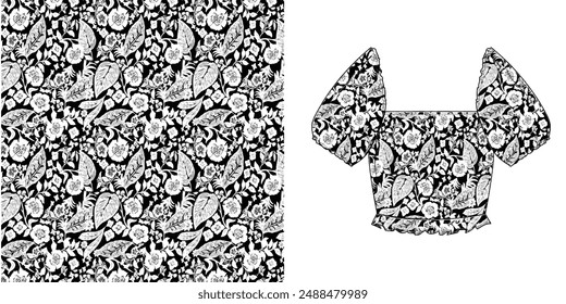 Floral botanical vector texture pattern with flowers and leaves.seamless leaves pattern on background.Seamless pattern can be used for wallpaper