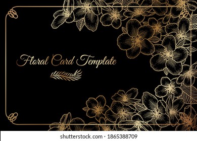 Floral botanical wedding invitation dark elegant card template with apple flowers. Luxury design for greeting card, vip women products. Vector illustration in golden over black.