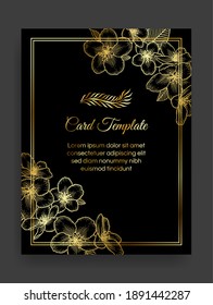 Floral botanical wedding invitation dark elegant card template with apple flowers. Luxury design for greeting card, vip women products. Vector illustration in golden over black.
