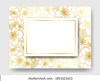 Floral botanical wedding invitation elegant card template with apple flowers. Romantic design for greeting card, natural cosmetics, women products. Vector illustration in golden over white.