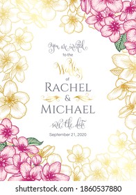 Floral botanical wedding invitation elegant card template with golden and pink apple flowers. Romantic design for greeting card, natural cosmetics, women products. Vector illustration.
