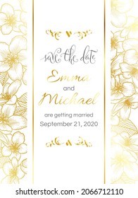 Floral botanical wedding invitation elegant card template with apple flowers. Romantic design for greeting card, natural cosmetics, women products. Vector illustration in golden over white.