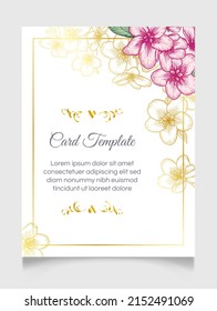 Floral invitación botánica de boda elegante plantilla de tarjeta con flores de manzana dorada y rosa. Diseño romántico para tarjetas de felicitación, cosméticos naturales, productos para mujeres. Ilustración vectorial.