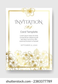 Floral botanical wedding invitation elegant card template with apple flowers. Romantic design for greeting card, natural cosmetics, women products. Vector illustration in golden over white.