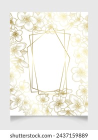 Floral botanical wedding invitation elegant card template with apple flowers. Romantic polygonal frame design for natural cosmetics, women products. Vector illustration in golden over white.