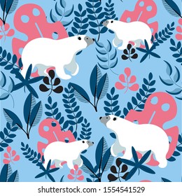 Floral , botanical white bear animals vector seamless pattern on blue background 