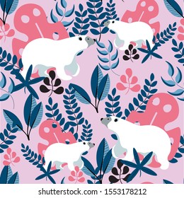 Floral, botanical, white bear vector seamless pattern on pink background . Concept for print, web design, cards, textile, paper design