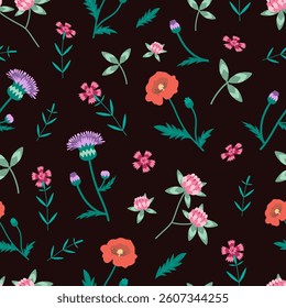 Floral botanical wildflower seamless pattern. Hand-drawn vector illustration in flat style.