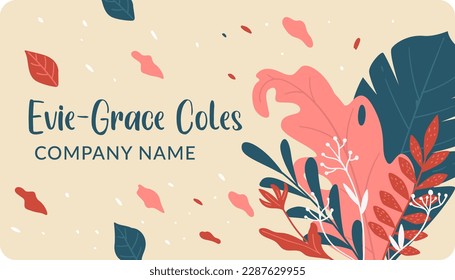 Floral and botany design on calling or business card. Ads of services or company with name of owner or specialist professional. Elegant feminine advertisement and marketing. Vector in flat style
