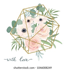 Floral bouquet with anemone, rose and eucalyptus. for wedding, Valentine's day, Birthday. Vector illustration. watercolor style