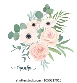 Floral bouquet with anemone, rose and eucalyptus. For wedding, Valentine's day, Birthday. Vector illustration. Watercolor style