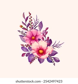 Floral bouquet for borders, frames, and wedding decor, pink and purple watercolor flower arrangement set, on a white background. This beautiful collection of watercolor flowers