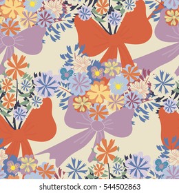 Floral bouquet with bow seamless pattern. Flower vector. 