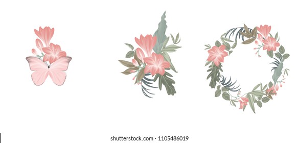 Floral bouquet composition set, red freesia flowers and leaves