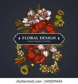 Floral bouquet dark design with almond, poppy flower, tilia cordata