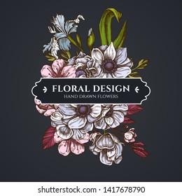 Floral bouquet dark design with anemone, iris japonica, sakura